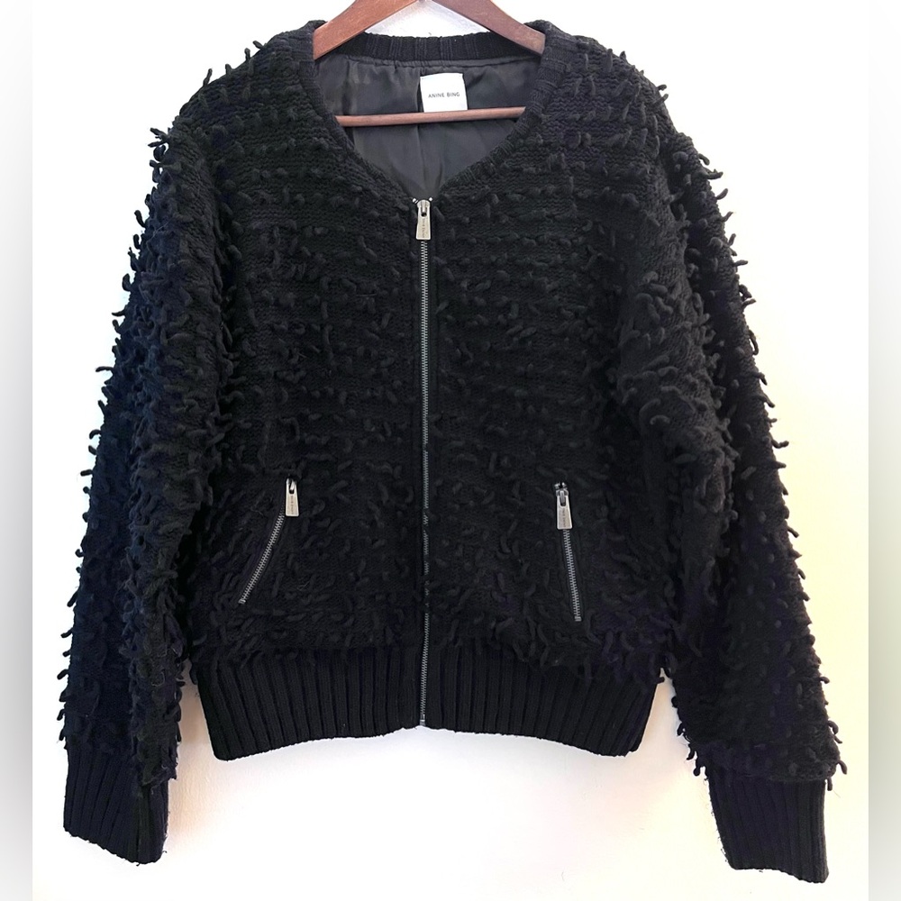 Anine Bing Wool Blend Bomber Style Black Textured Women's Jacket Size Large